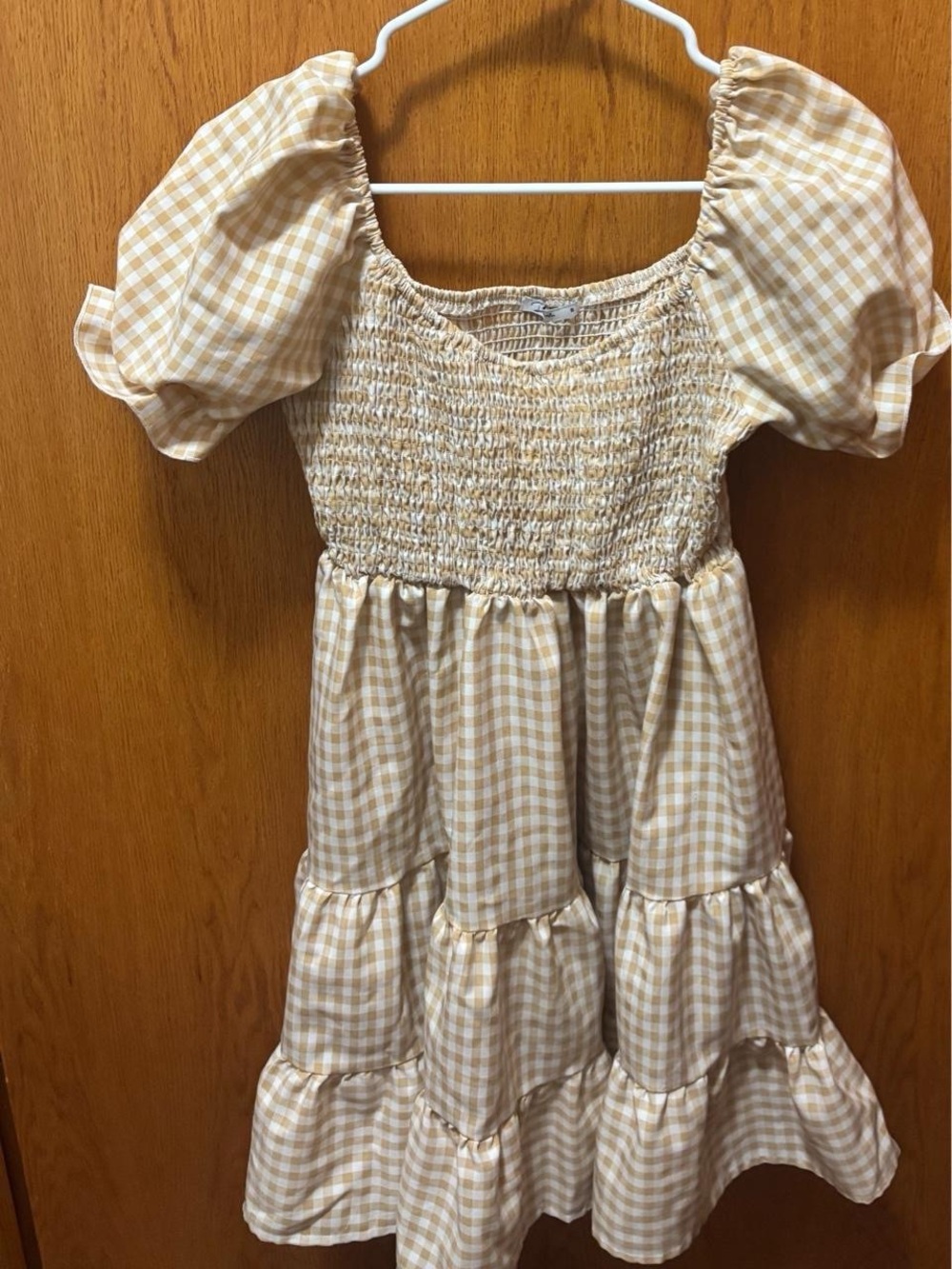 Cream Gingham Smocked Puff-Sleeve Dress